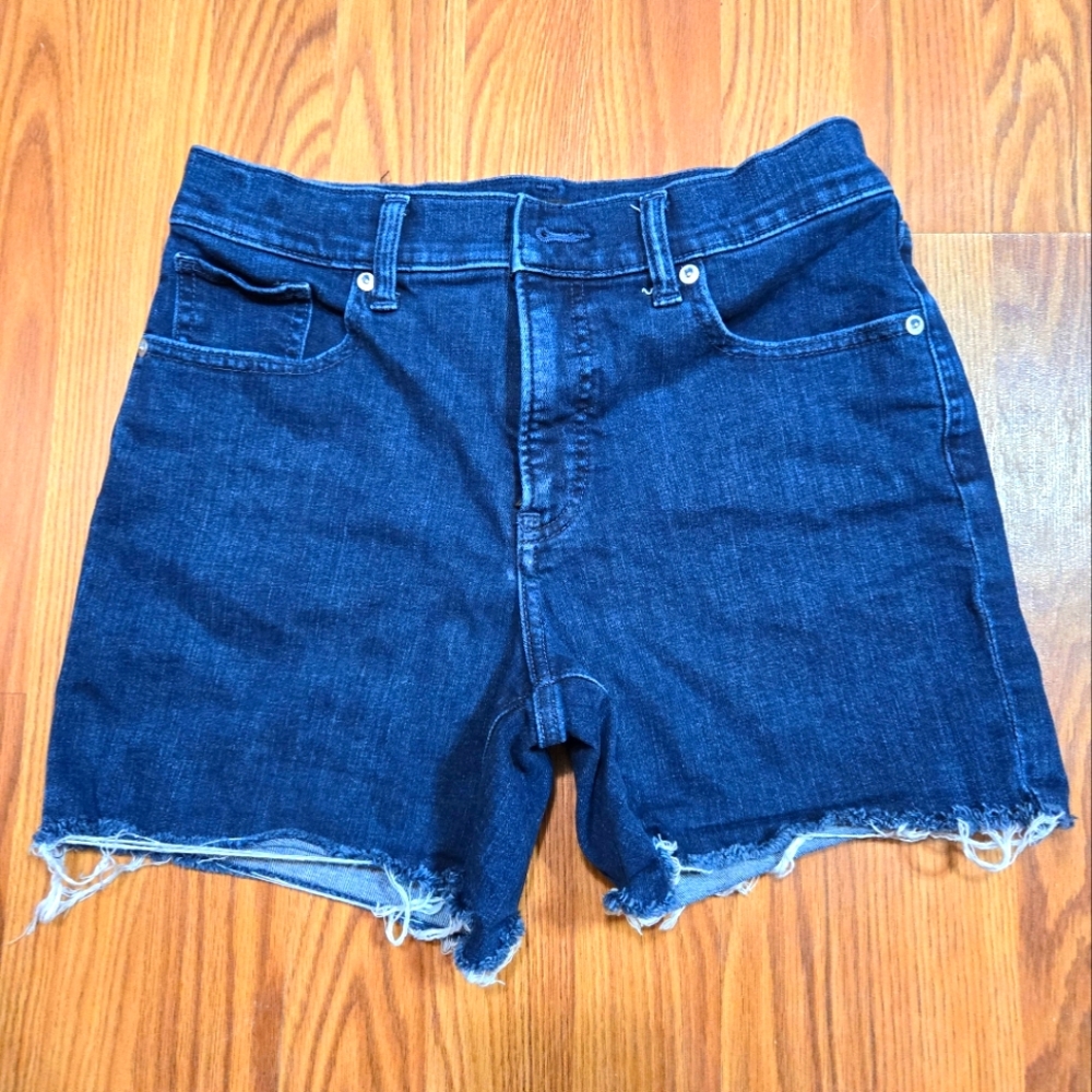 Express Shorts 4 Cut-Off Shortie Mid Rise Denim Fringe Dark Wash